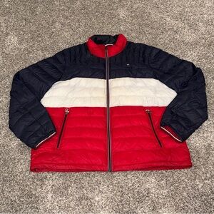 Tommy Hilfiger Men's Size XXL Red White Blue Puffer Hooded Color Block Jacket